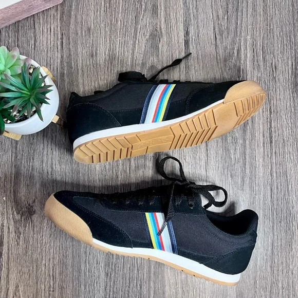 *Penguin | Black Suede  Canvas Multi Color Striped Sneakers Size 10 - Picture 14 of 16